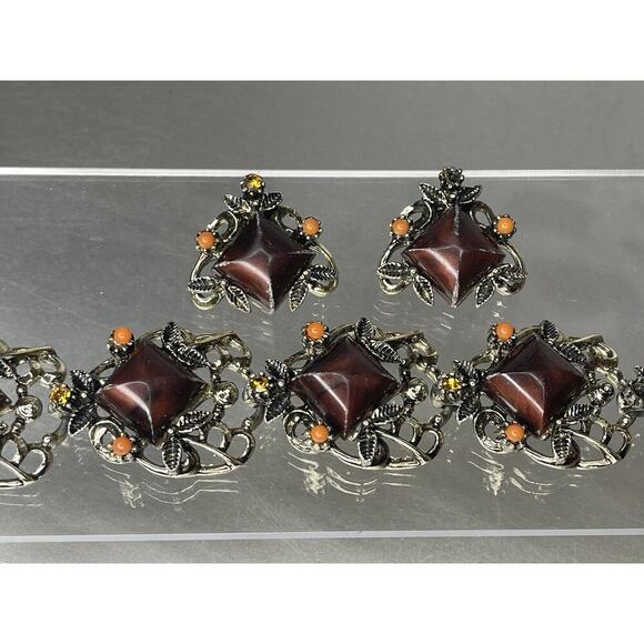 Vintage Chunky Clasp Bracelet Statement Jeweled Maroon & Matching Clip Earrings - Picture 3 of 4